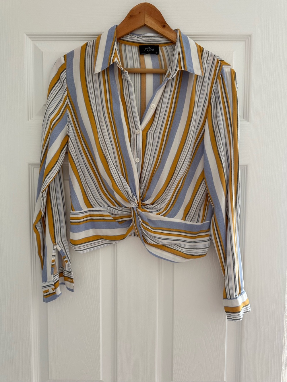 Striped Twist-Front Button-Down Shirt - Mustard, Light Blue & White